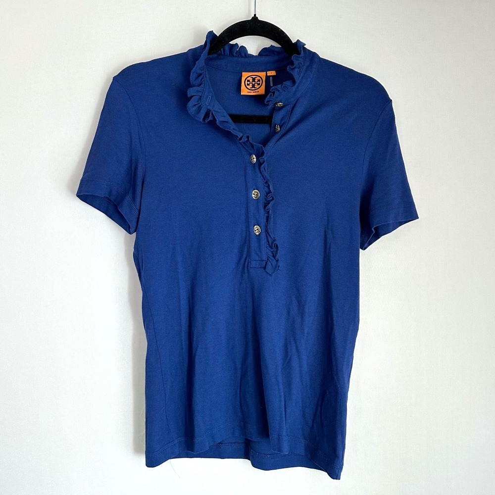 Tory Burch Ruffle Trim Short Sleeve Top Gold Button Navy Blue Pima Cotton Blouse